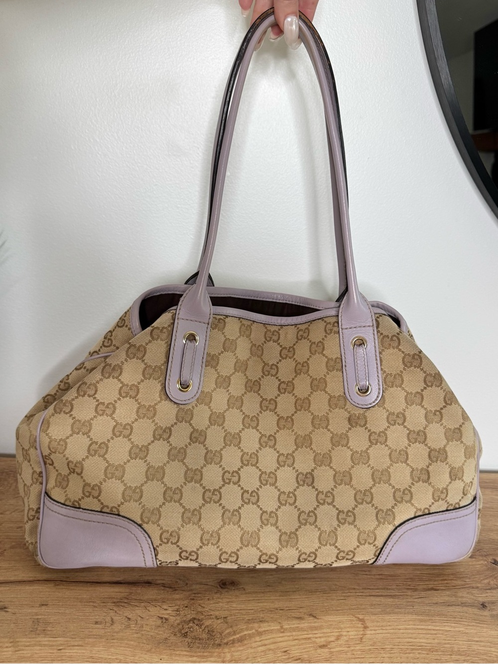 Authentic Gucci GG Monogram Canvas Princy Tote Beige Purple Leather Shoulder Bag - Picture 6 of 16